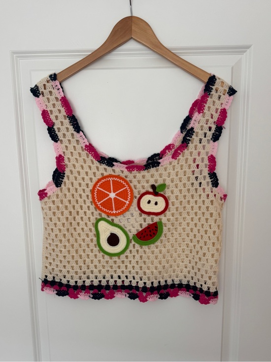 Rebellion Tops - Rebellion Cream Crochet Cropped Tank with Colorful Fruit Appliqués